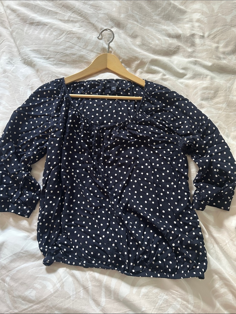 GAP Navy Blue & White Polka Dot 3/4 Sleeve Peasant Blouse | Size Medium